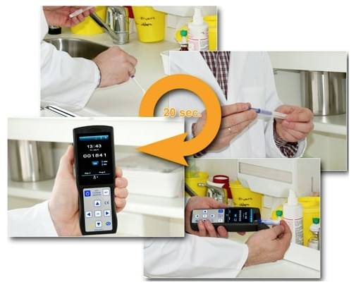 Collage, das einen Kliniker beim Händewaschen zeigt und einen Timer mit „20 Sek." verwendet, um die Schritte der Handhygiene zeitlich zu erfassen.