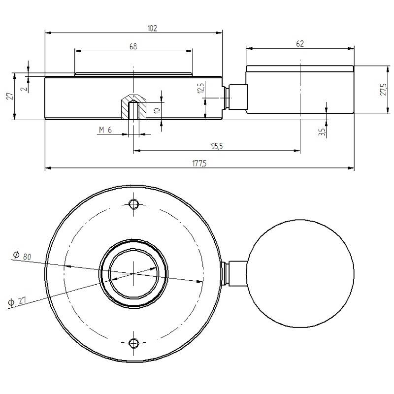 Technische Zeichnung eines Mechanismus mit Maßen. Oben Seitenansicht, unten Draufsicht. Beschriftet mit Längen und Durchmessern.