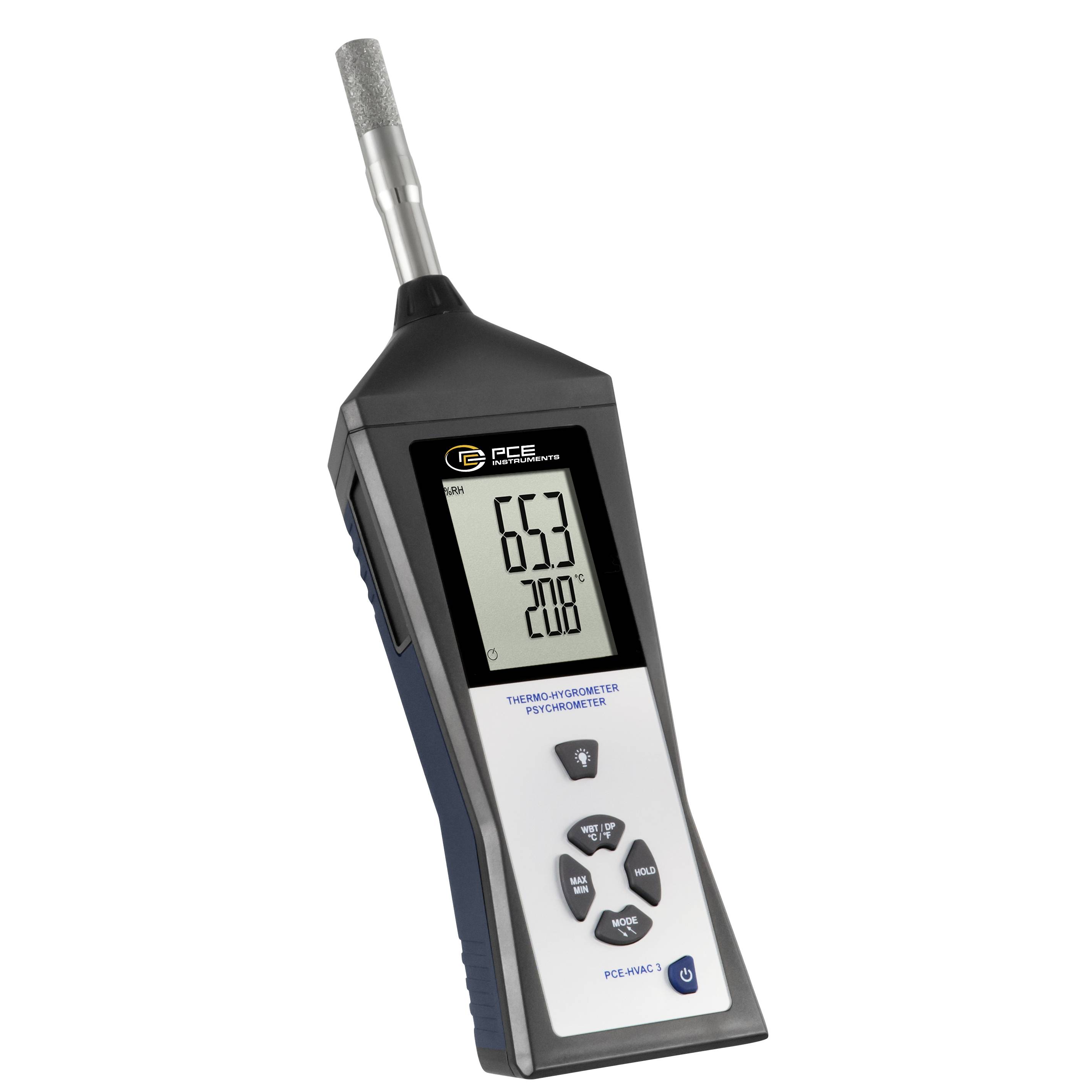 Tragbares digitales Thermo-Hygrometer mit Messfühler, zeigt auf dem Display 65,3% Luftfeuchte und 20,8°C an.