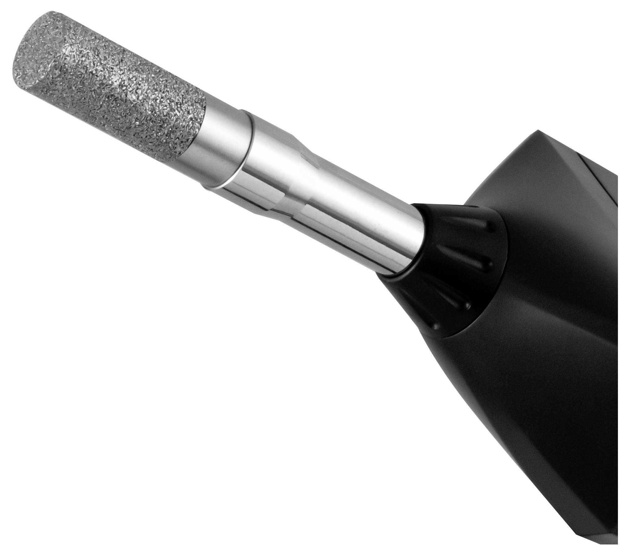 Nahaufnahme eines Drehbohrers mit einer zylindrischen Schleifspitze und einem Metallschaft, der in einem schwarzen Bohrfutter auf weißem Hintergrund befestigt ist.