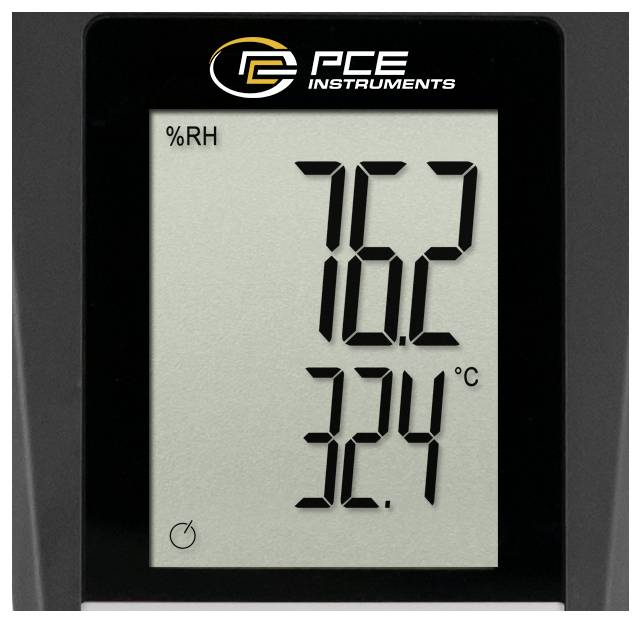 Digitales PCE-Messinstrument zeigt 76,2% relative Luftfeuchtigkeit und 32,4°C Temperatur an.