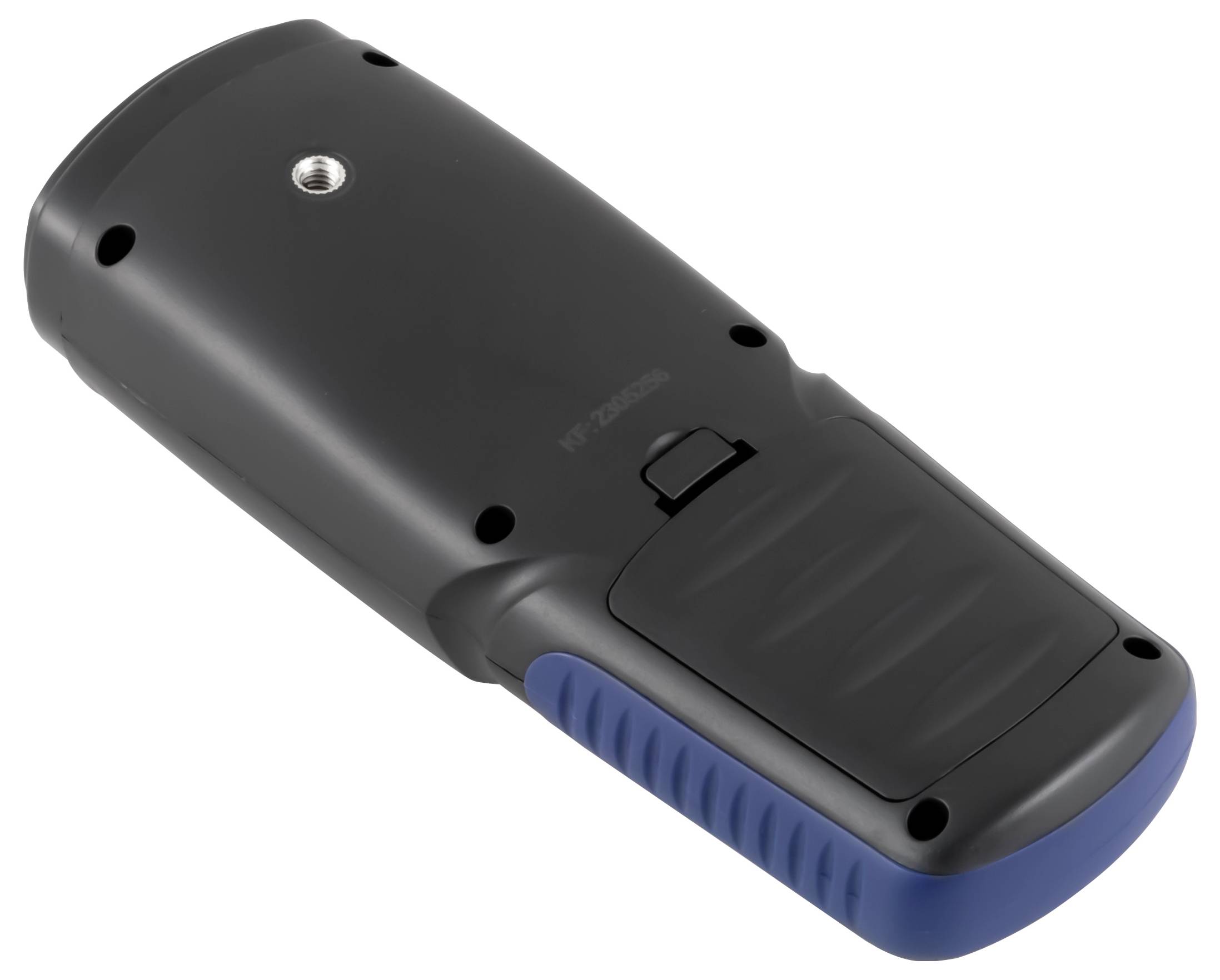 Schwarzes tragbares Gerät, von hinten gezeigt, mit blauem geripptem Griff, Schraubenlöchern und einem hinteren Batteriefach.