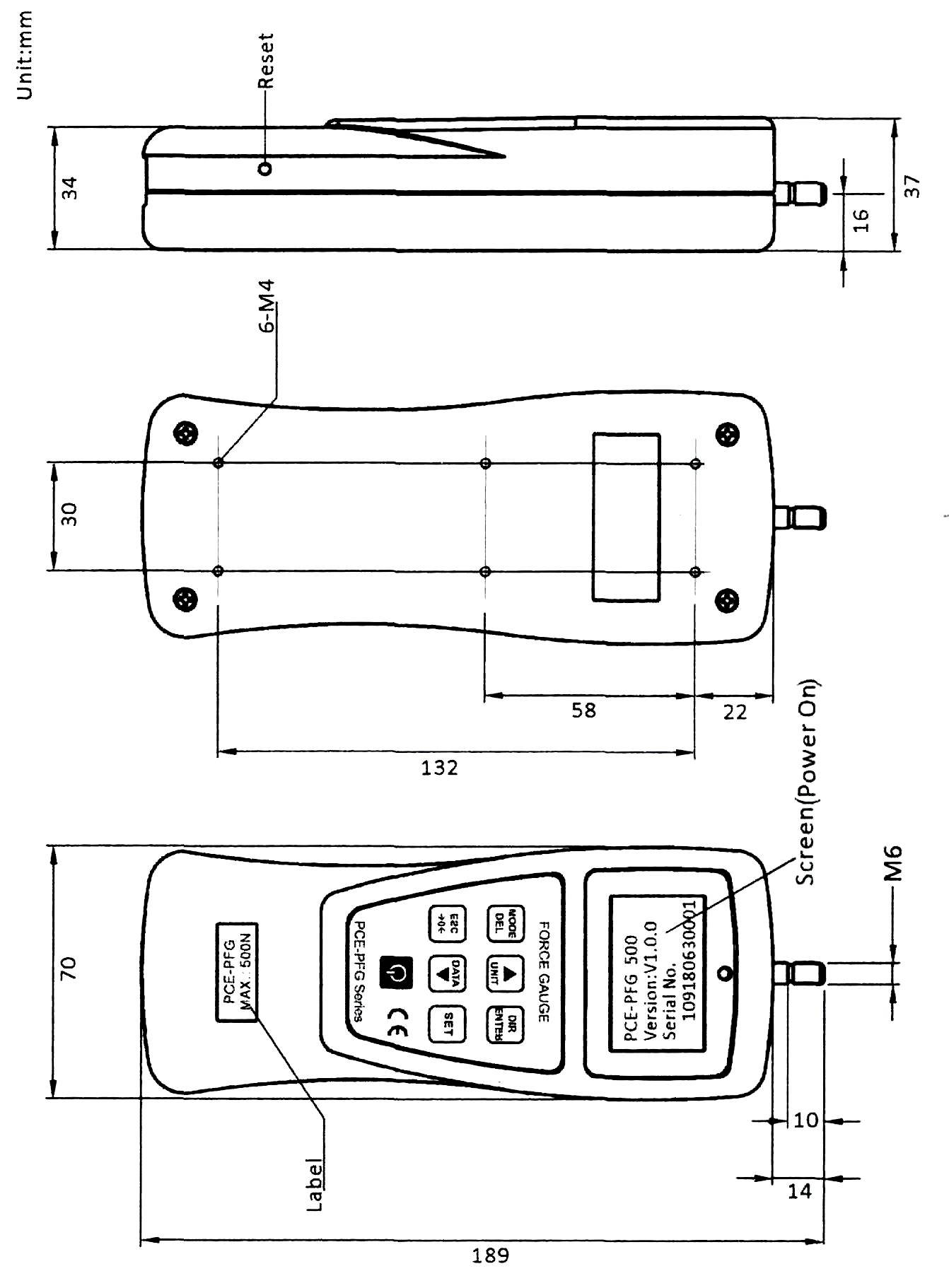 Technische Zeichnung eines Handgeräts mit zwei Ansichten und Maßen, Anzeigen für Reset und Bildschirm, seitliche Stecker.