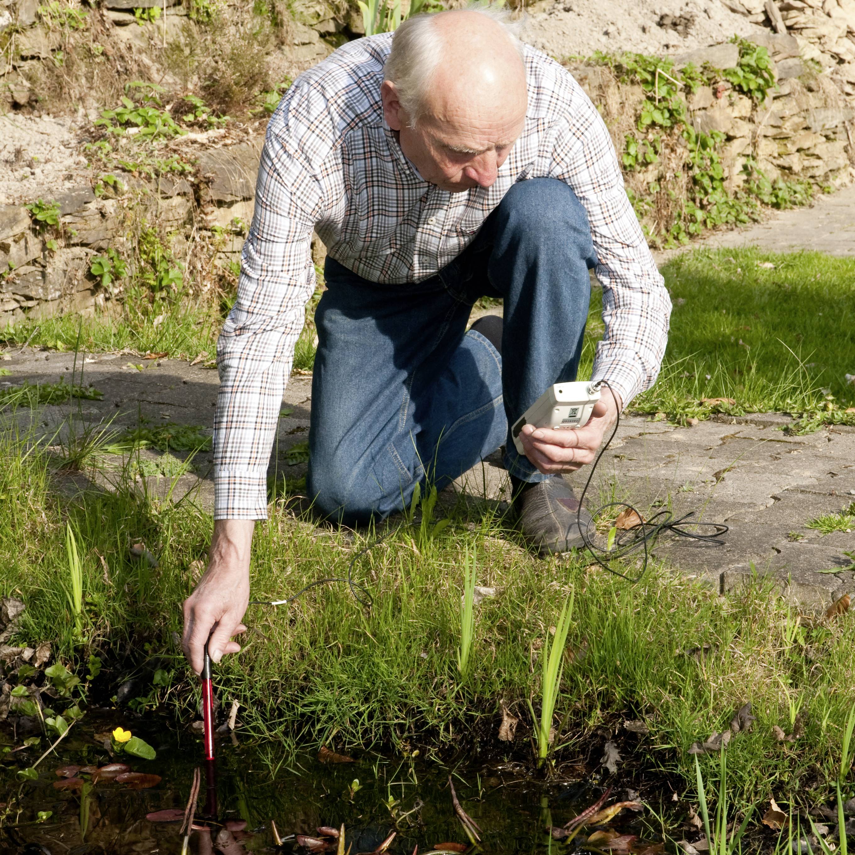 Eine Person untersucht Pflanzen am Teich mit einem Messgerät, umgeben von Steinen und Gras.