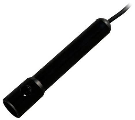 Schwarze zylindrische Sonde oder ein Sensor mit angebrachtem Kabel, diagonal auf weißem Hintergrund dargestellt.