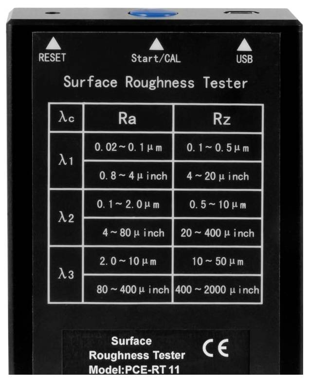 Frontplatte eines Oberflächenrauheitsmessgeräts mit den Tasten RESET, Start/CAL und USB sowie einem Diagramm der Ra- und Rz-Messbereiche für λ1, λ2 und λ3.