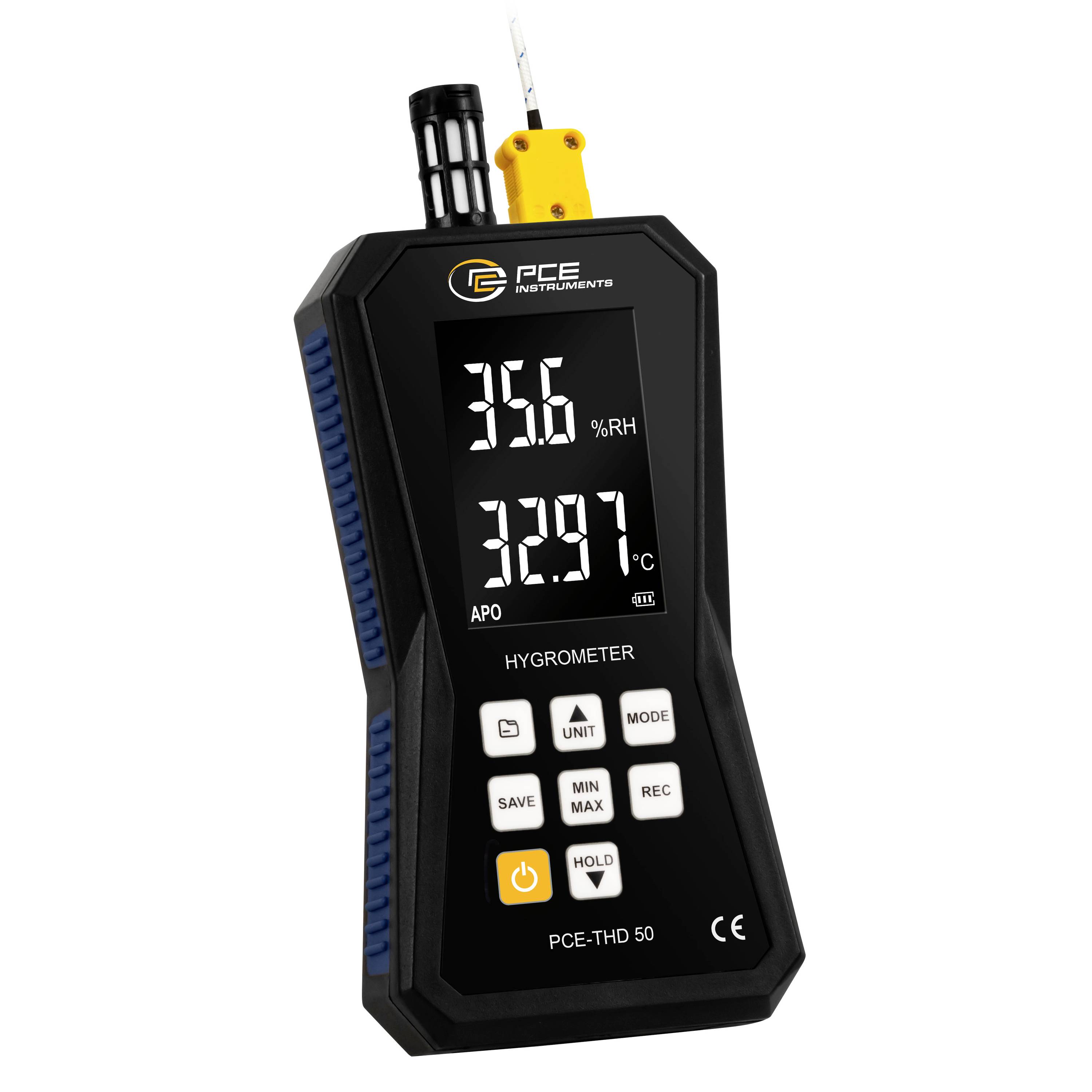 Tragbares Hygrometer zeigt 35,6% RH und 32,97°C auf seinem Display, mit angebrachter Sonde und Bedienungstasten darunter.