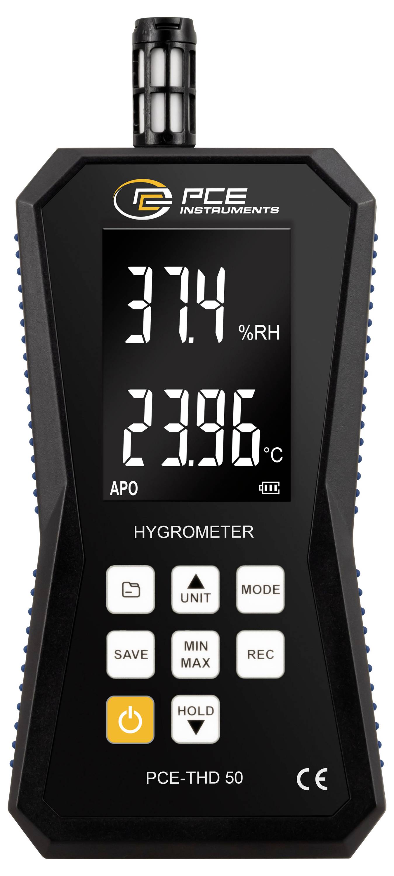Tragbares PCE-Hygrometer mit Anzeige von 37,4% relative Luftfeuchte und 23,96°C, mit Tasten für Einheit, Modus, Speichern, Min/Max, Aufzeichnung und Halten.