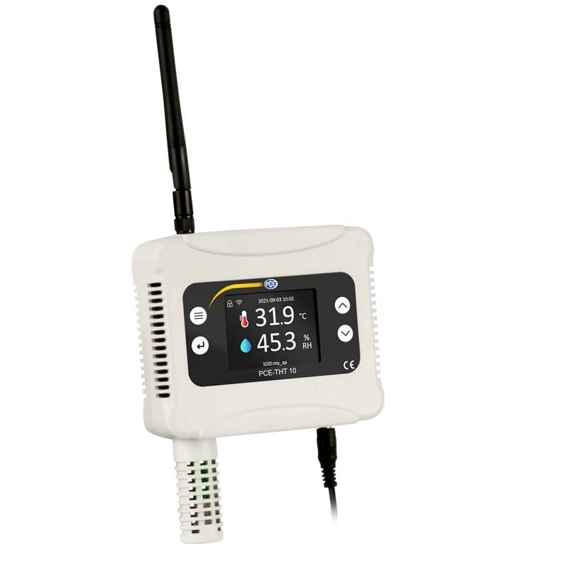 Digitaler Temperatur- und Feuchtigkeitssensor mit Display, das 31,9°C und 45,3% relativer Feuchte anzeigt, mit Antenne und angeschlossenem Messfühler.