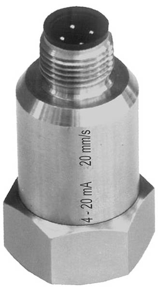Metallischer zylindrischer Sensoradapter mit Gewinde oben und Sechskantbasis, gekennzeichnet mit „4-20 mA 20 mm/s