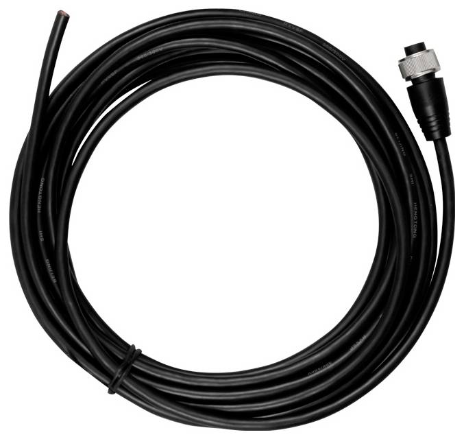 Aufgerolltes schwarzes Kabel mit Gewinde-Stecker auf einem Ende, auf weißem Hintergrund dargestellt.