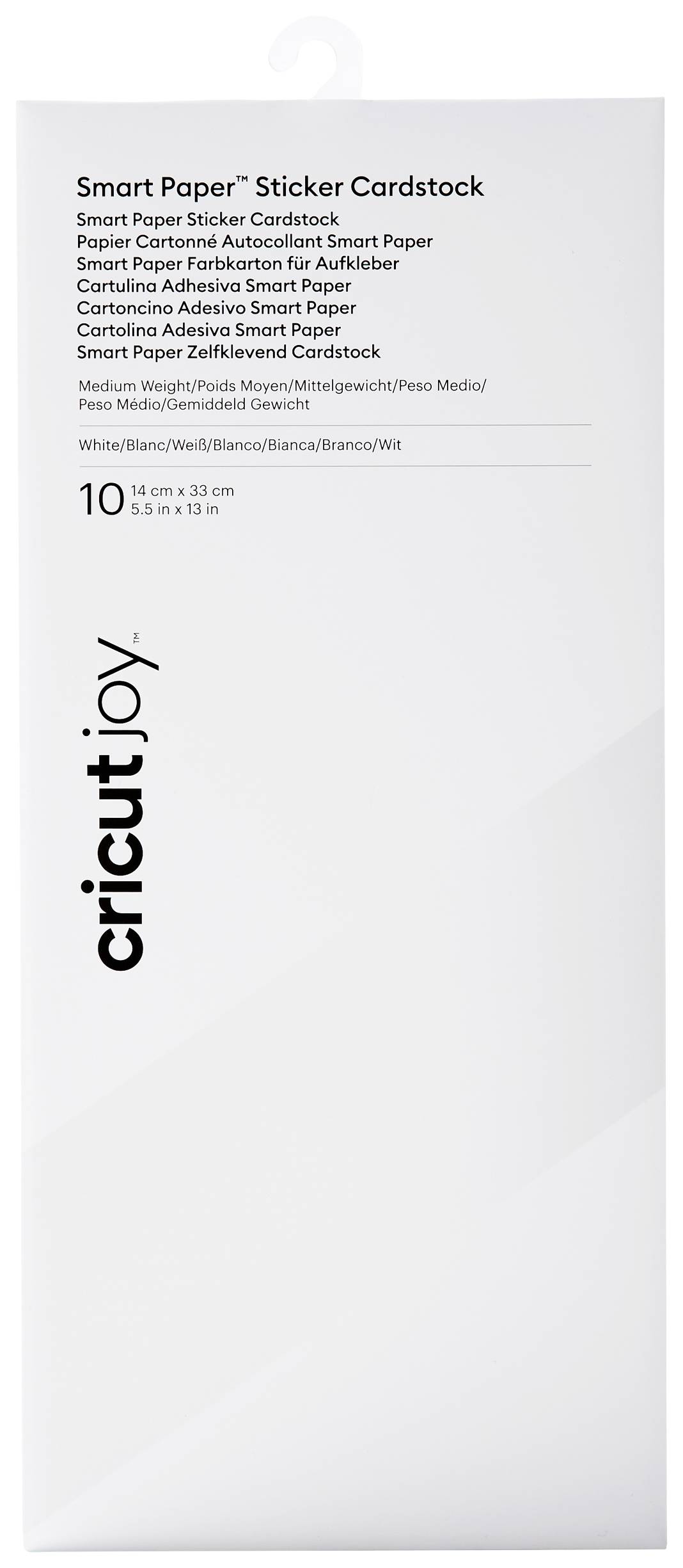 Weiße Verpackung mit der Aufschrift 'Smart Paper Sticker Cardstock'. Enthält 10 Blatt in der Größe 13,9 cm x 33 cm von Cricut Joy.