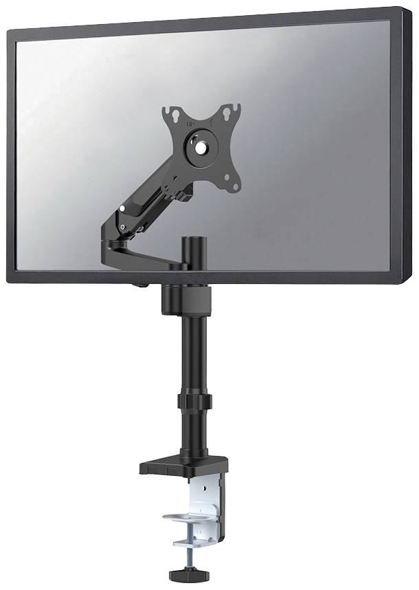 Ein verstellbarer Monitorarm hält einen Flachbildschirm. Der Monitor ist an einem Schreibtisch befestigt und kann flexibel bewegt werden.