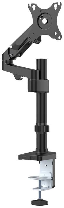 Ein verstellbarer schwarzer Monitorarm mit Tischklemme zur Befestigung an einem Schreibtisch. Geeignet zur Montage eines Bildschirms.