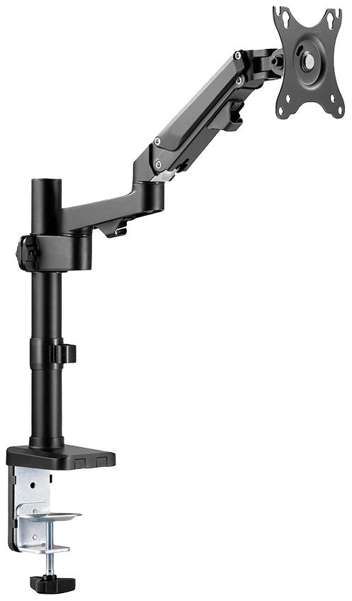Schwarze, verstellbare Monitorhalterung mit Klemmbefestigung. Geeignet für verschiedene Bildschirmgrößen und flexible Positionierung.