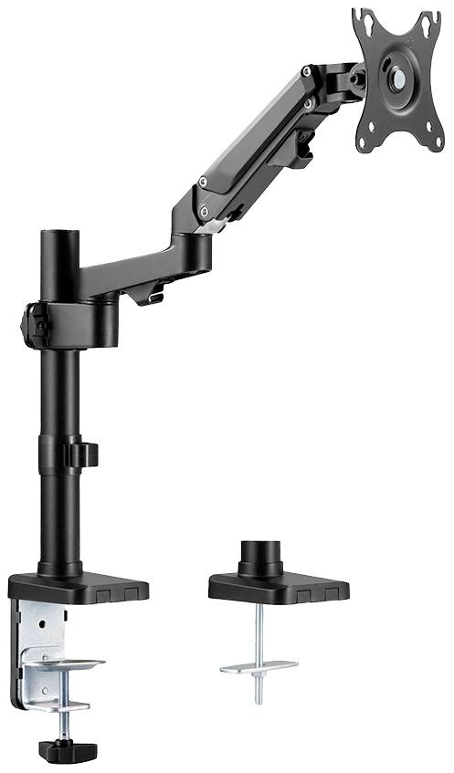 Höhenverstellbarer Monitorarm in Schwarz mit Tischklemme und Drehgelenken, geeignet zur flexiblen Anbringung eines Bildschirms.