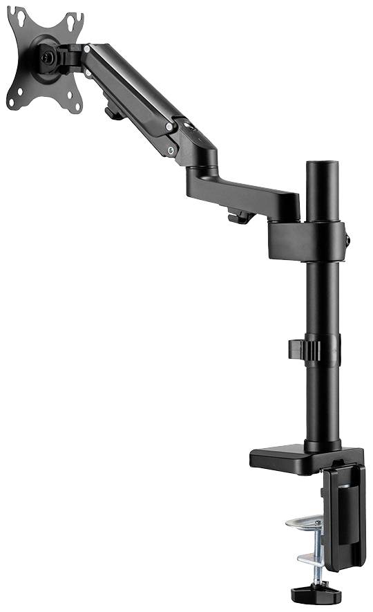 Ein verstellbarer Monitorarm in Schwarz, befestigt an einer Tischkante mit einer Klemme. Ideal für ergonomische Bildschirmpositionierung.