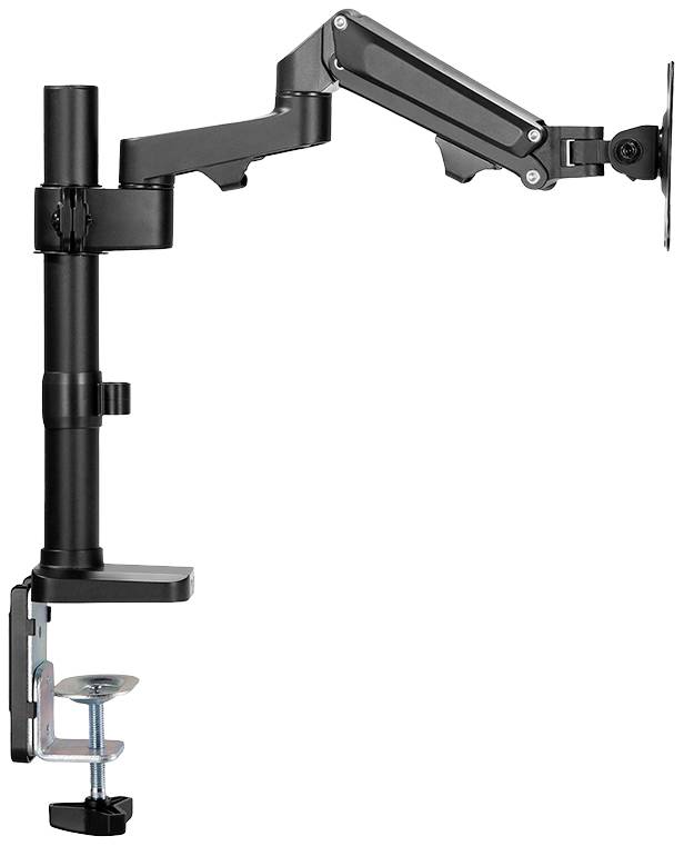 Ein verstellbarer schwarzer Monitorarm, an einem Schreibtisch befestigt, zur flexiblen Positionierung eines Computerbildschirms.