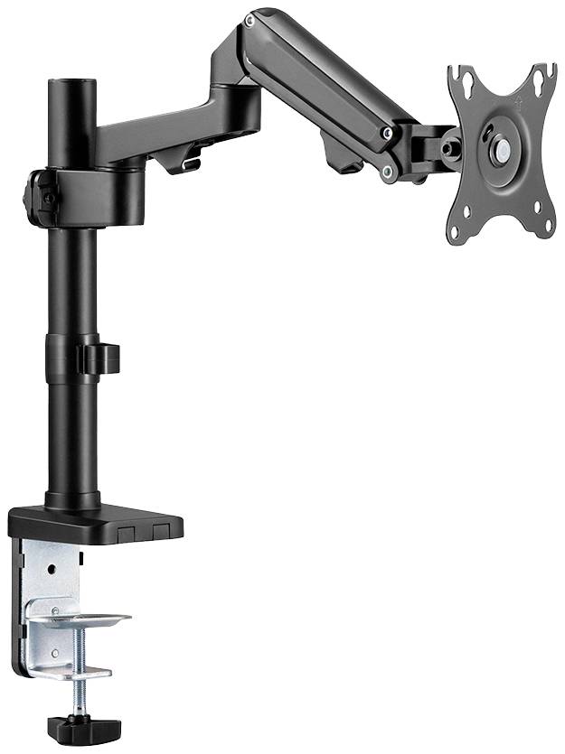 Schwarzer Monitorarm mit verstellbarem Gelenk, Klemme zur Befestigung an einem Tisch, VESA-Halterung für Monitore.
