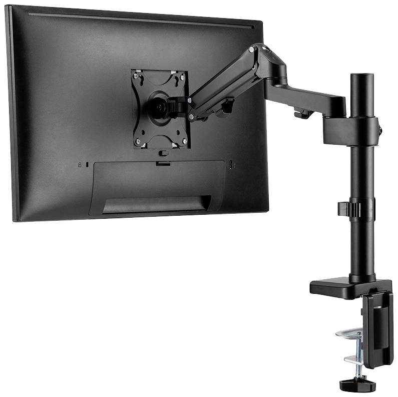 Monitorhalterung mit Arm, die an der Tischkante befestigt ist. Ein Bildschirm ist montiert und zeigt die drehbare Funktionalität des Arms.