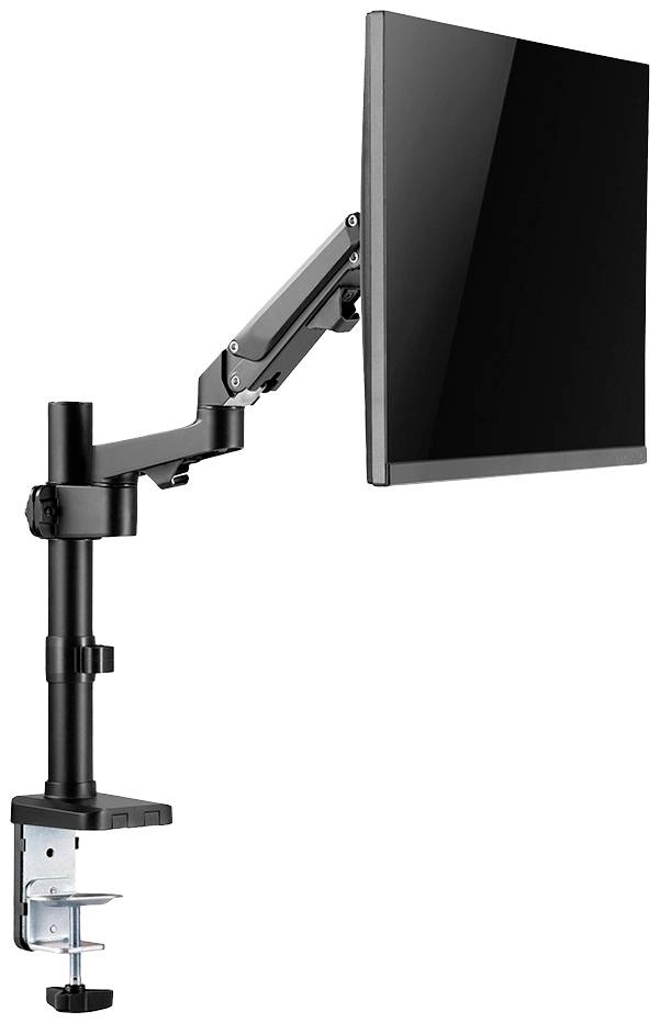 Ein schwarzer Monitorhalterungsarm mit einem Monitor, der an einem Schreibtisch befestigt ist. Der Arm ist verstellbar und ergonomisch.