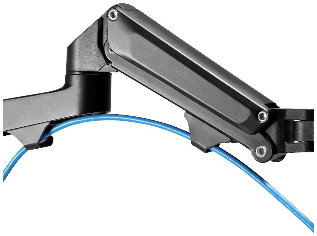 Mechanischer Arm aus schwarzem Metall mit einem blauen Kabel darunter.