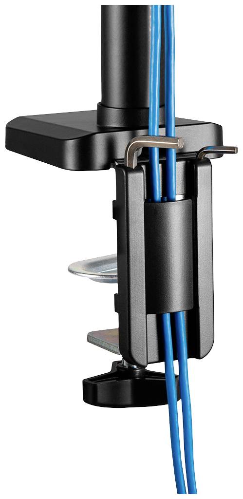 Kabelmanagementsystem, das Kabel an einem Tischbein organisiert. Zwei blaue Kabel führen durch eine schwarze Halterung mit Klemme.