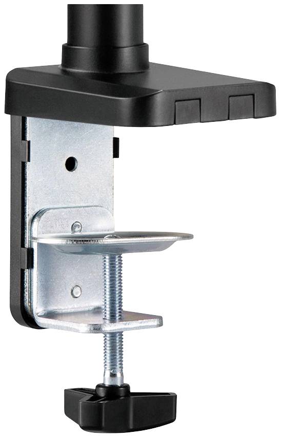 Metall-Tischklemme in Schwarz und Silber, mit Schraubmechanismus zur Befestigung von Monitorarmen oder Lampen an Tischplatten.