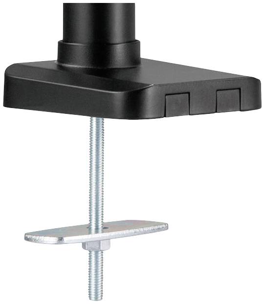 Ein schwarzer Tischhalter zeigt eine Klemme mit Schreibtischbefestigung. Eine Metallplatte mit Schraube fixiert sie von unten.