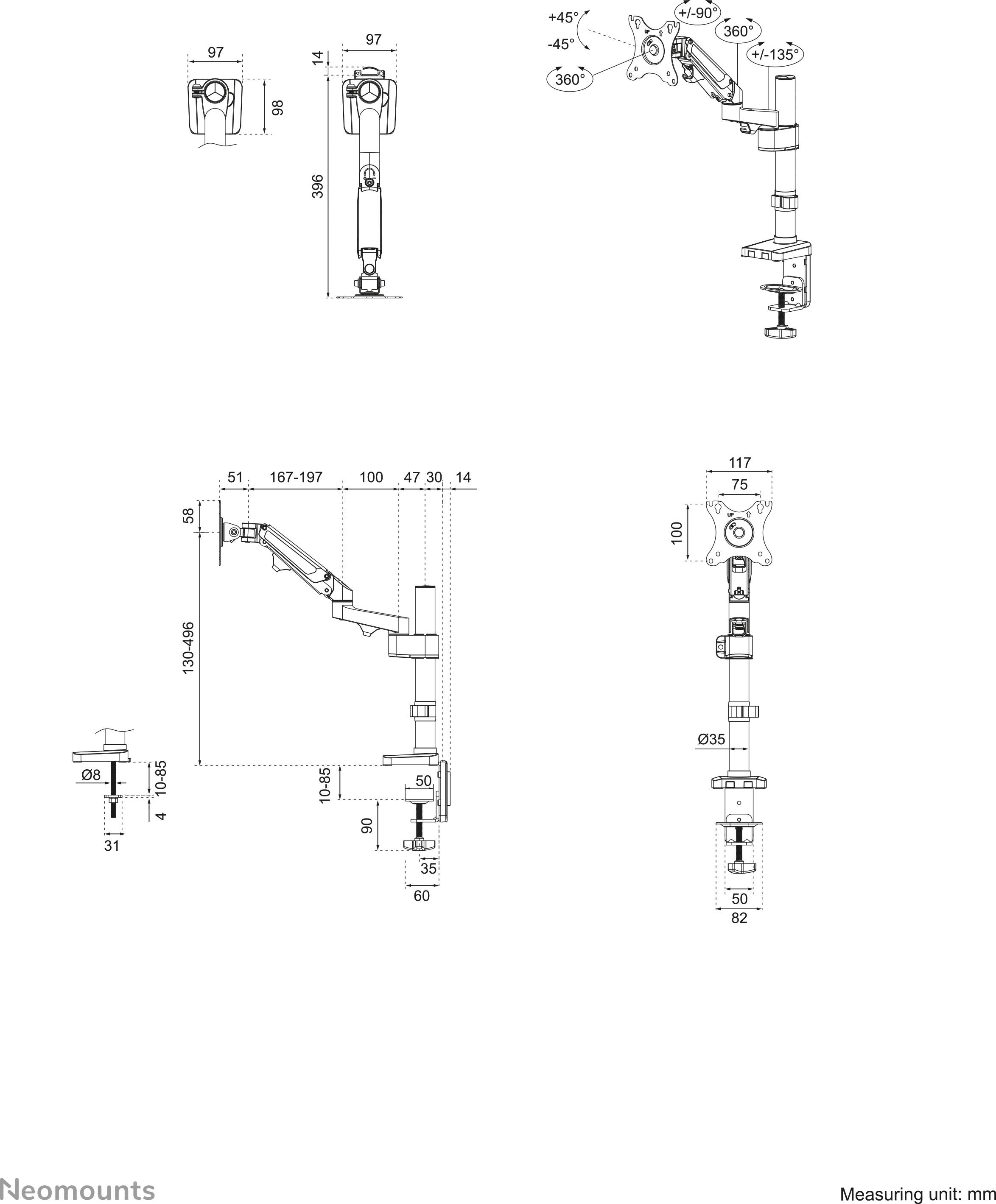 Technische Zeichnung eines verstellbaren Monitorarms mit detaillierten Abmessungen und Drehmöglichkeiten in verschiedenen Ansichten.