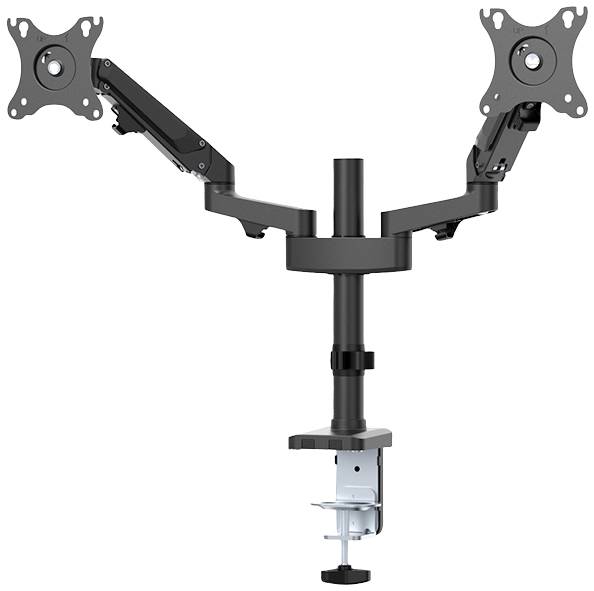 Doppel-Monitorhalterung zur Tischmontage, höhenverstellbar, mit VESA-Halterungen für Schwenk-, Neige- und Drehoptionen.
