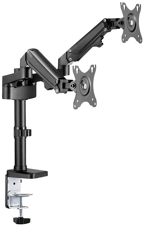 Doppelter Monitorarm mit Klemmbefestigung. Geeignet zur Montage von zwei Flachbildschirmen, verstellbare Arme für flexible Ausrichtung.