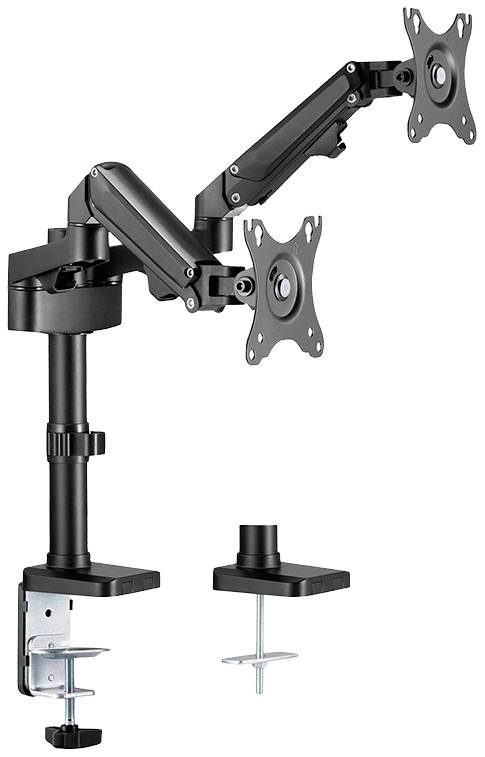 Zwei verstellbare Monitorarme aus Metall mit Klemmbefestigung für Schreibtische. Geeignet für die Montage von zwei Monitoren.