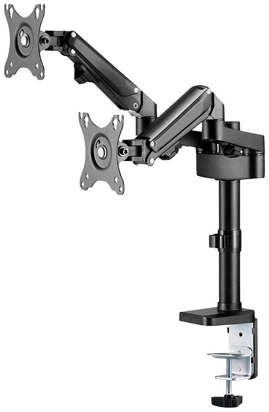 Zweiarmiger Monitorhalter mit verstellbaren Gelenken zum Befestigen von Bildschirmen auf einem Tisch.