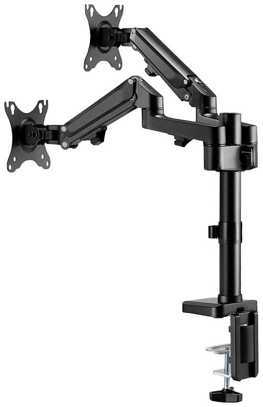 Ein schwarzer, verstellbarer Doppel-Monitorarm mit Klemme zur Tischbefestigung, geeignet für zwei VESA-kompatible Monitore.