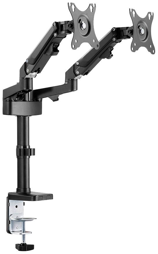 Doppelte Monitorhalterung mit schwenkbaren Armen, zur Tischmontage, geeignet für zwei Bildschirme, flexibler Neigungswinkel.