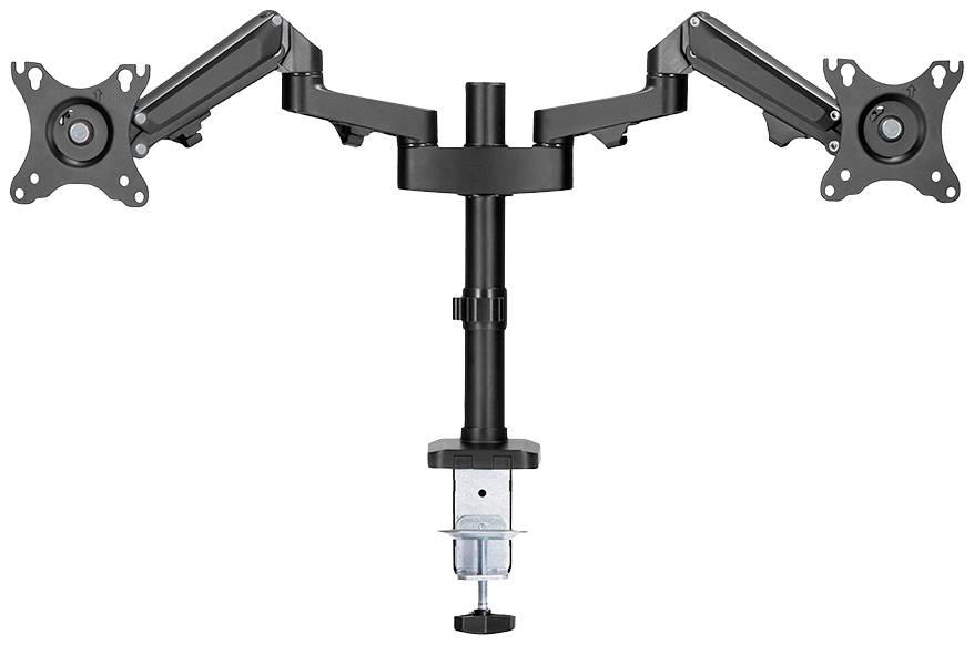 Zweiarmiger Monitorhalter mit verstellbaren Armen und Klemme zur Befestigung an einem Tisch. Ideal zur Unterstützung von zwei Bildschirmen.