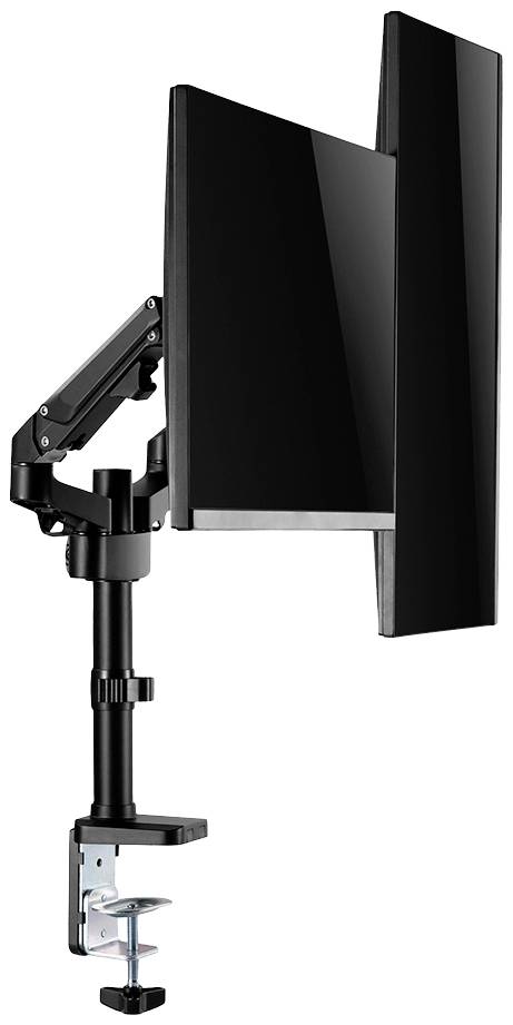 Ein schwarzer Monitor ist an einem höhenverstellbaren Tischarm befestigt, der an einer Tischkante montiert ist.