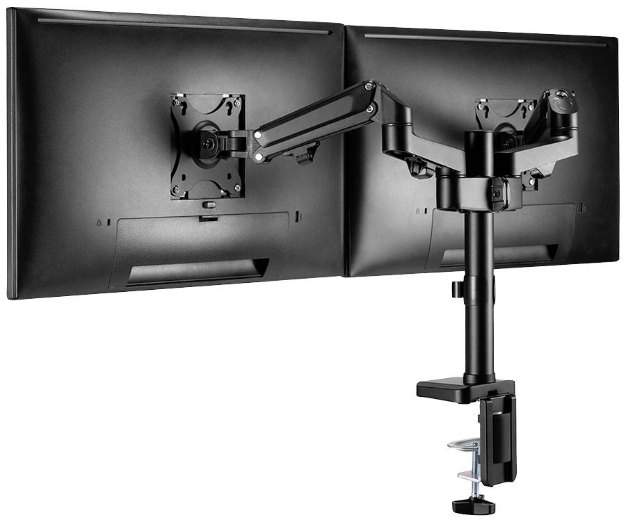 Zwei Monitore an einem dualen Schwenkarm, montiert an einem Schreibtisch. Der Arm ist in verschiedene Richtungen verstellbar.