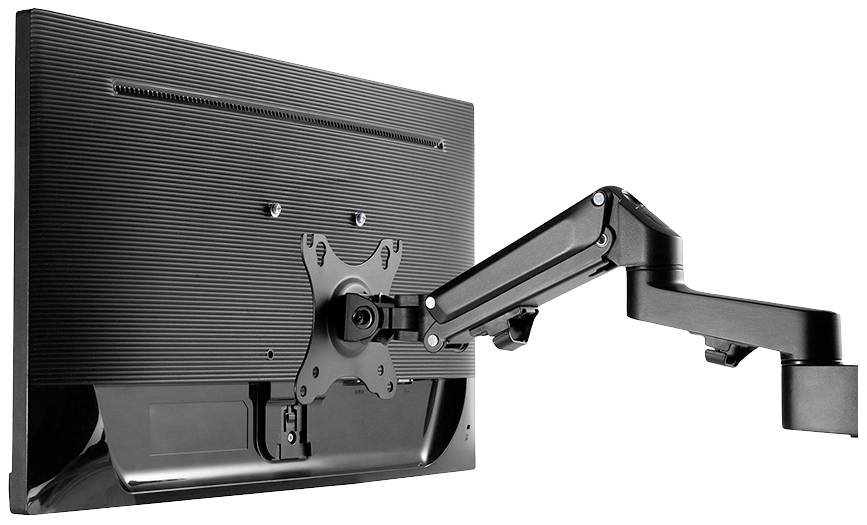 Ein schwarzer Monitorarm, der an einem Bildschirm befestigt ist, ermöglicht flexible Positionierung für ergonomische Nutzung.