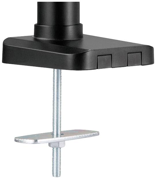 Schwarzer Tischhalter mit Klemme und Schraube für die Befestigung an einer Tischkante.