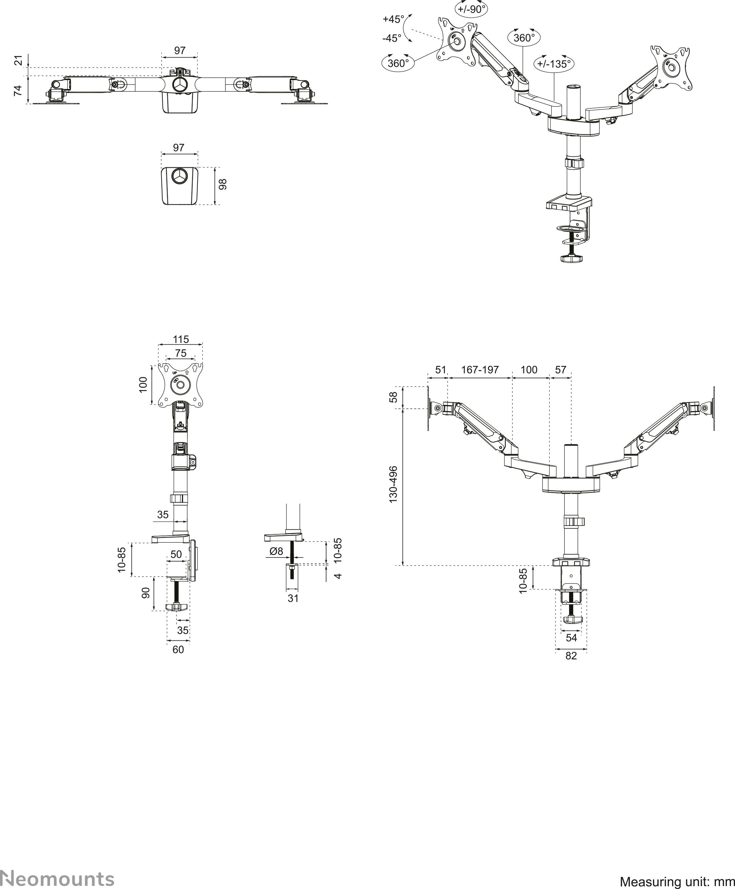 Detaillierte technische Zeichnung einer Monitorhalterung mit Abmessungen und Schwenk-/Neigungswinkeln. Einheit: mm.
