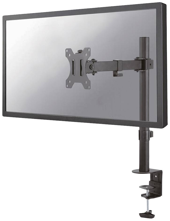 Ein Monitorarm befestigt an einem Tisch hält einen Bildschirm. Der Arm ist verstellbar und ermöglicht flexible Positionierung des Monitors.