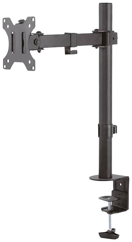 Schwarze Monitorhalterung mit verstellbarem Arm und Klemme zur Befestigung an einem Tisch. Ideal zur flexiblen Positionierung eines Bildschirms.