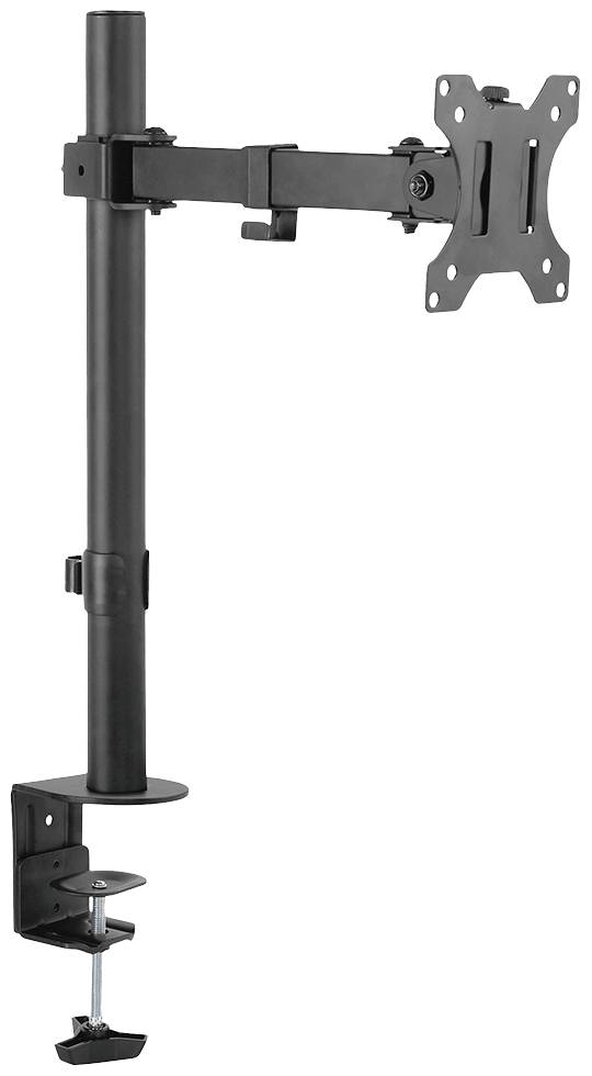Schwarze Monitorhalterung mit verstellbarem Arm und Klemme zur Befestigung an Schreibtischen. Geeignet für Flachbildschirme.