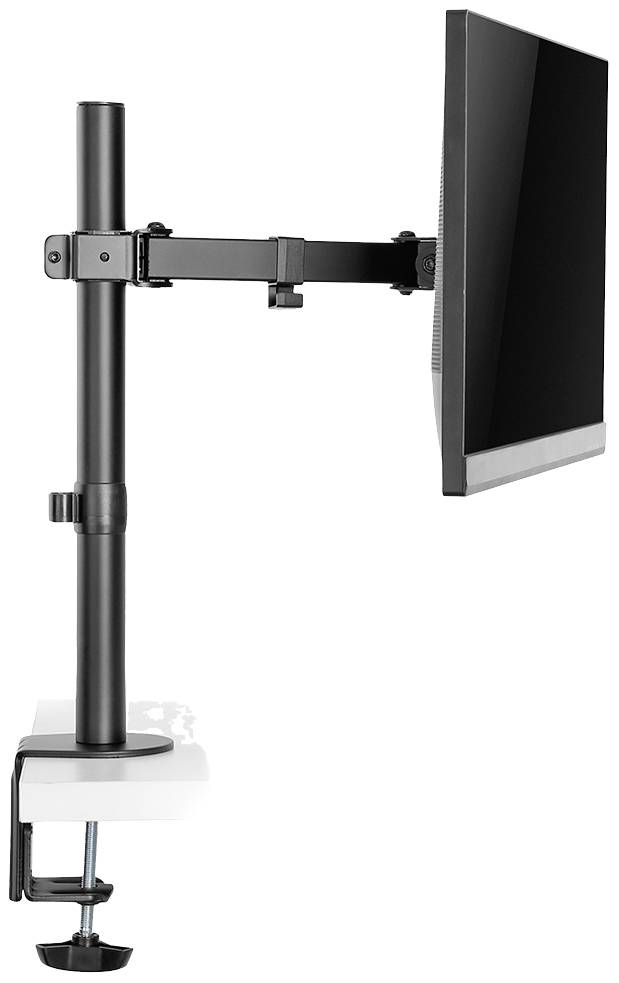 Ein Monitor ist an einem höhenverstellbaren, schwarz lackierten Schreibtischarm befestigt. Der Arm ist an der Tischkante mit einer Klemme montiert.