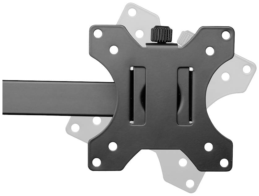 Eine schwarze TV-Halterung mit mehreren Befestigungslöchern, montiert an einem flachen Arm, ermöglicht flexible Bildschirmpositionierung.