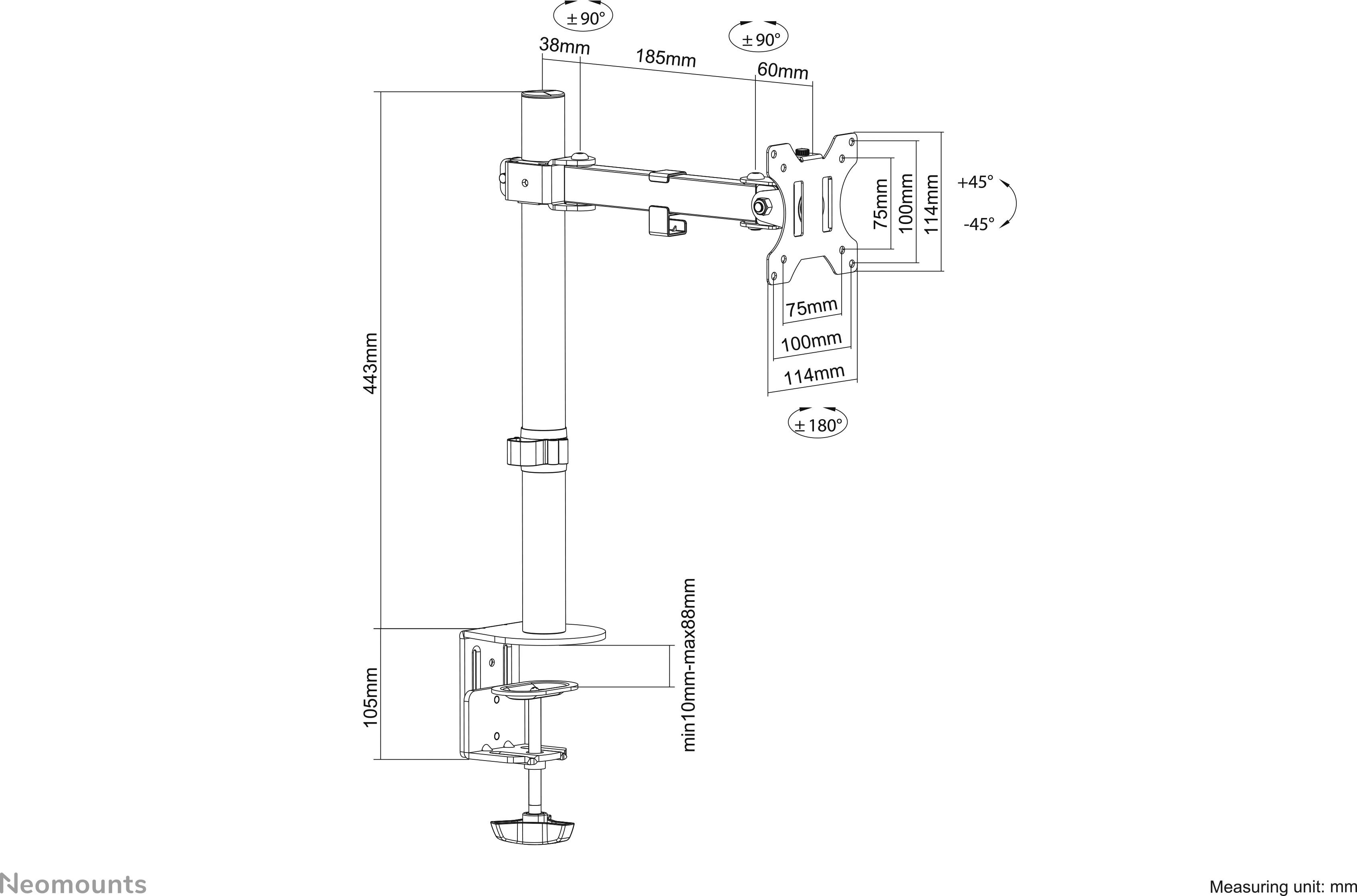 Computer-Monitorhalterung: Höhenverstellbarer Arm mit 360°-Drehung, 180°-Schwenkung und 90°-Neigung. Maße und Anbringung gezeigt.
