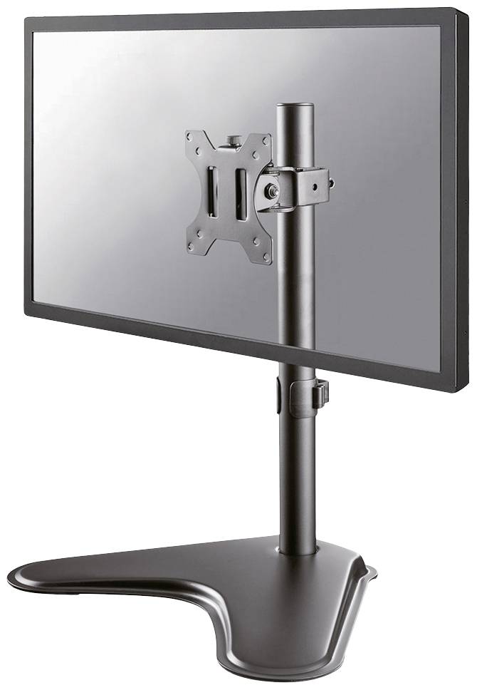 Ein schwarzer Computermonitor befestigt an einem höhenverstellbaren Standfuß mit V-förmiger Basis.