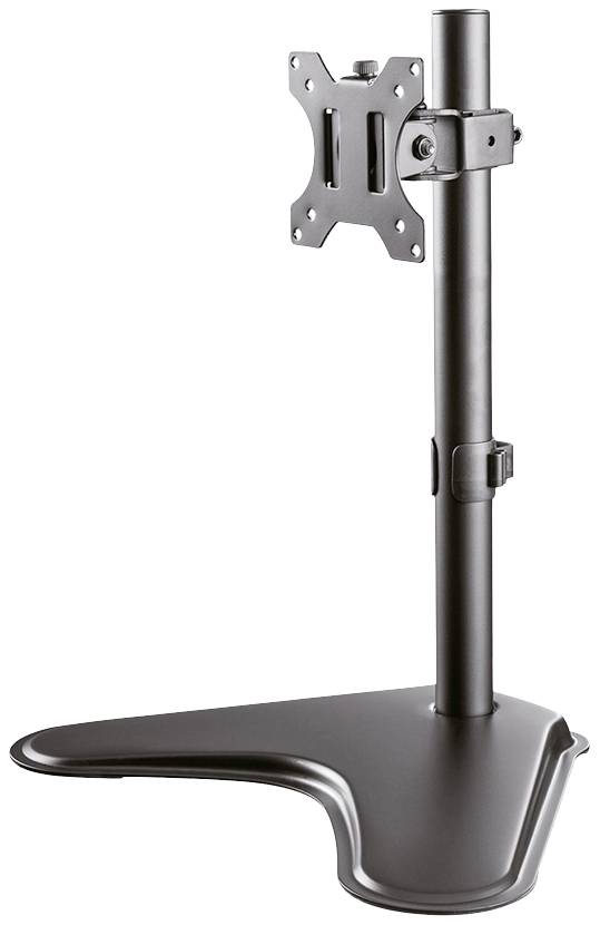 Ein schwarzer Monitorständer mit höhenverstellbarer Halterung auf dreieckiger Basis. Geeignet für Bildschirmmontage.